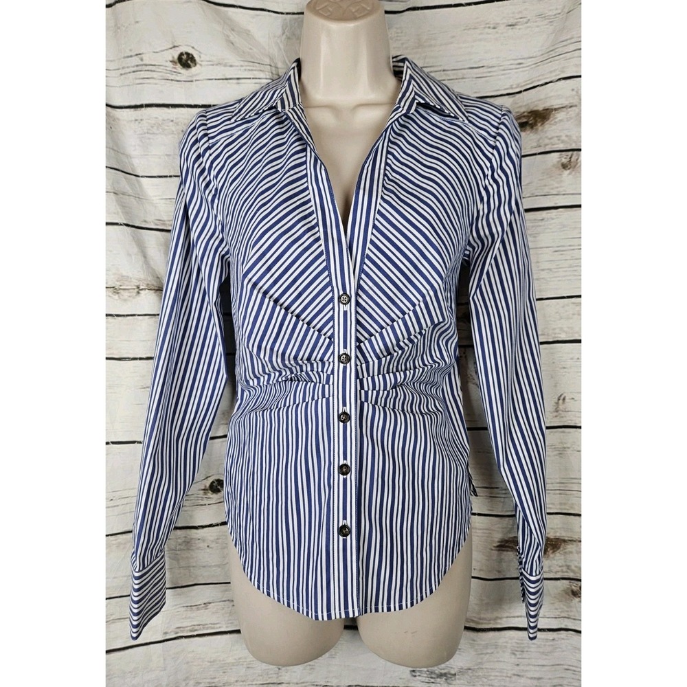 Veronica Beard Devra Striped Button Down Top 2 Ruched Long Sleeves Cotton